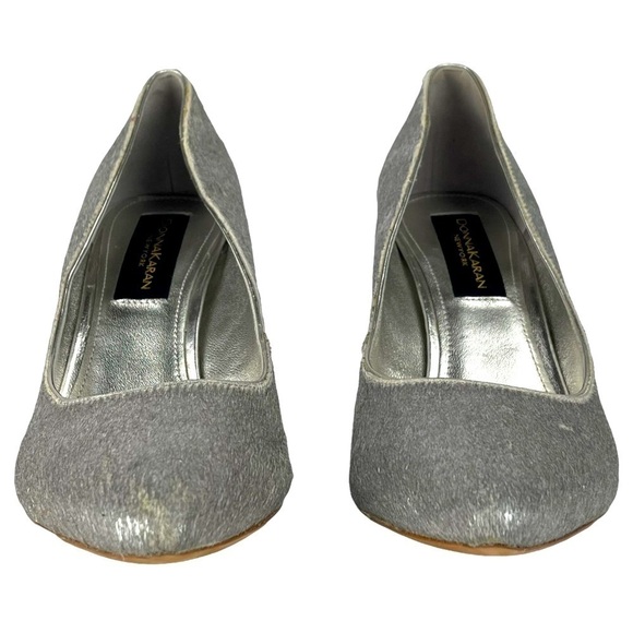 DONNA KARAN NY CRISS SILVER METALLIC PONY HAIR POINTED TOE BLOCK HEEL PUMPS - Picture 9 of 15
